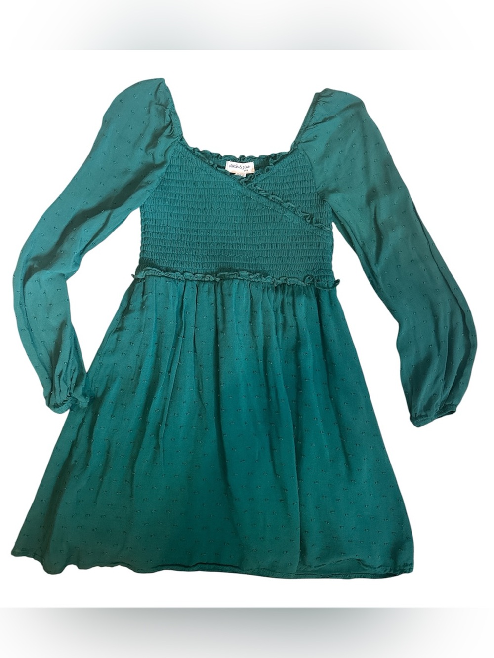 Kids Teal Smocked Long-Sleeve Formal Dress